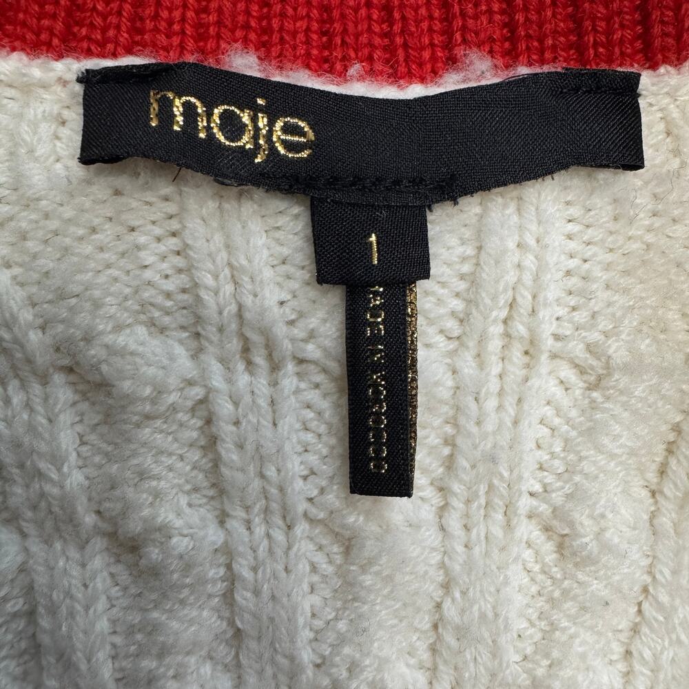Maje Cream Cable-Knit Cardigan with Red & Navy Trim - Picture 7 of 8